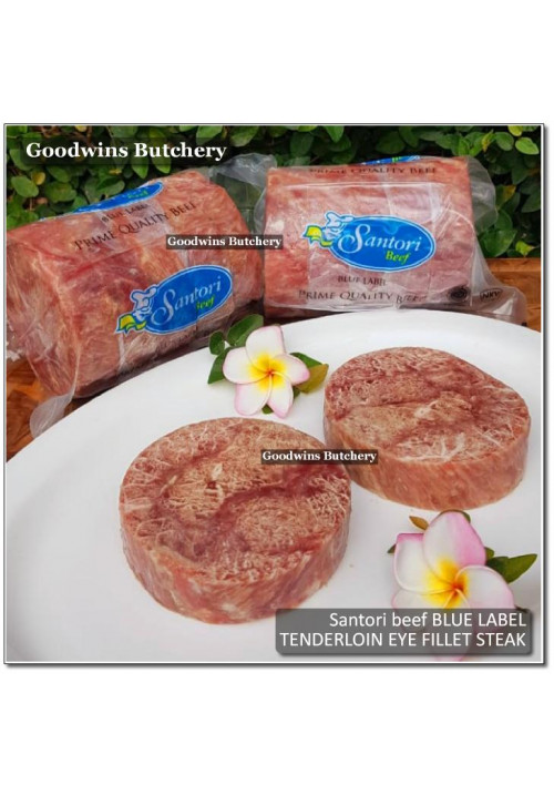 Beef Eye Fillet Mignon Has Dalam TENDERLOIN frozen MELTIQUE Santori BLUE LABEL STEAK +/- 1" SHARED REPACKED (price/pc 200g)
